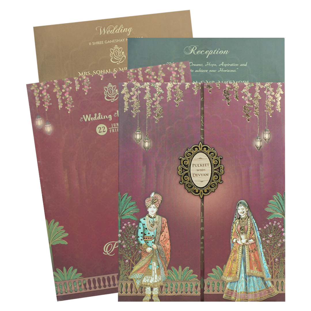 Maroon Bride Groom Padded Wedding Card-KJTS1835