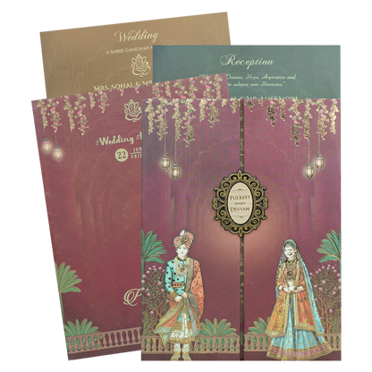Maroon Bride Groom Padded Wedding Card-KJTS1835