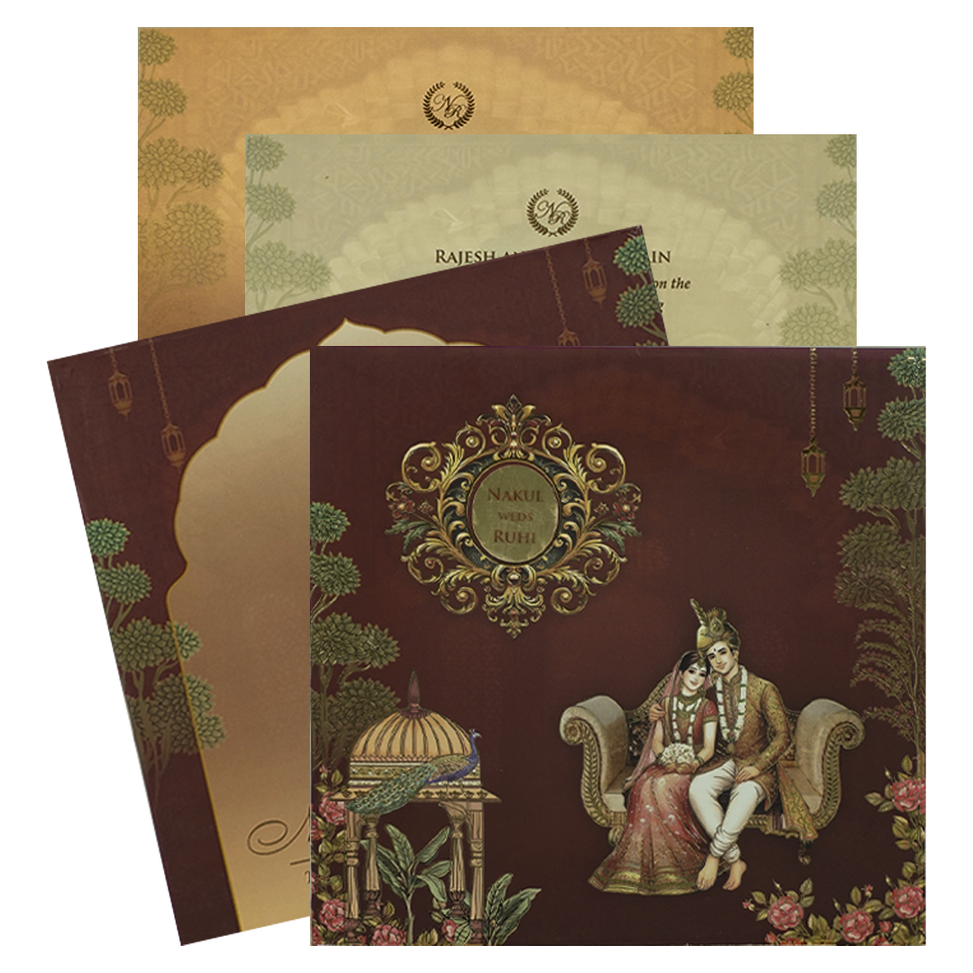 Brown Royal Couple Padded Wedding Card-KRE27940