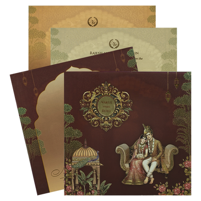 Brown Royal Couple Padded Wedding Card-KRE27940