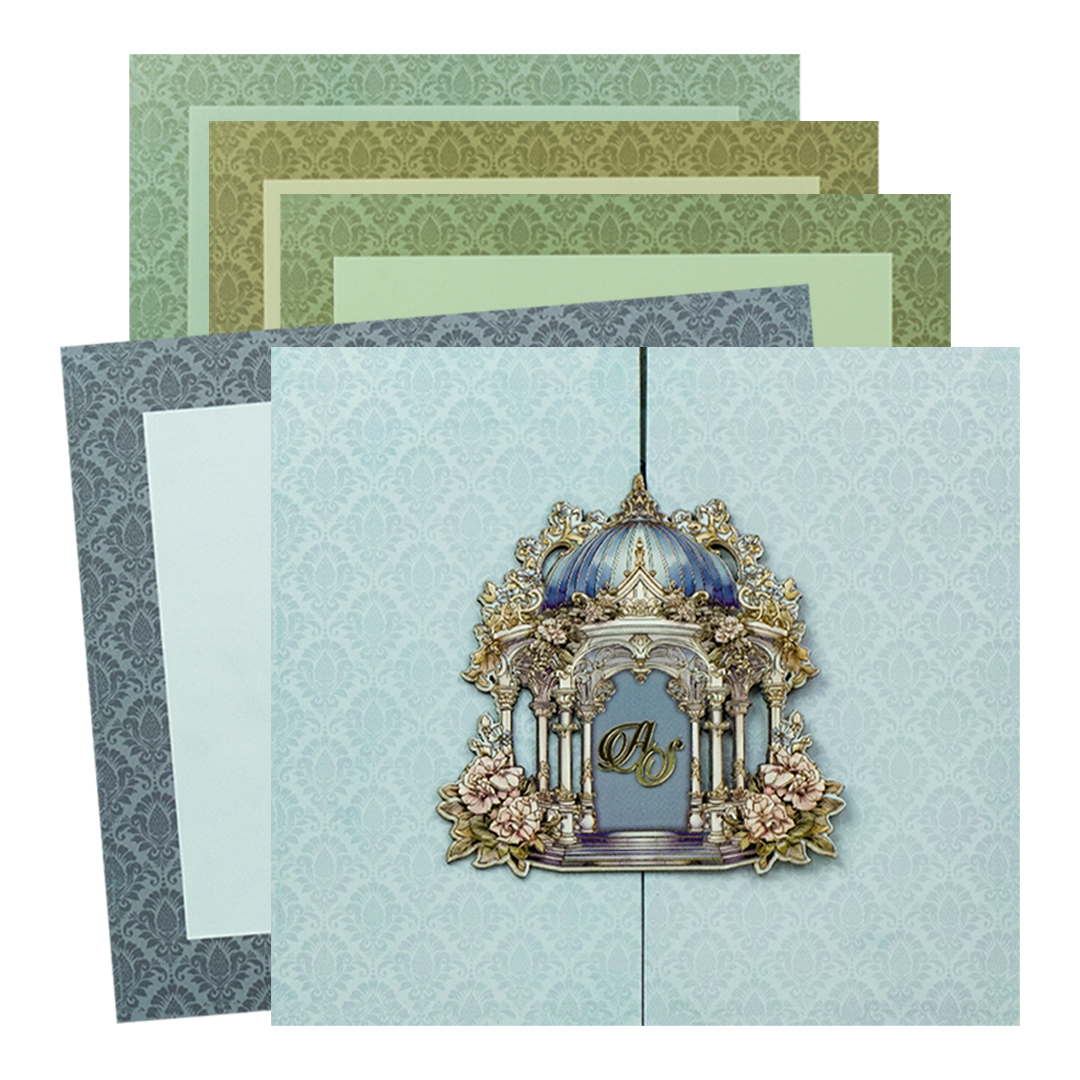 Blue Padded Floral Palace Wedding Card - KPR25060