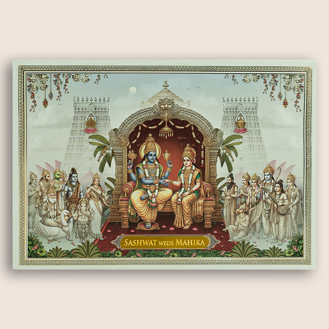 White Lord Balaji Padmavathi Padded Wedding Card - KRE28800