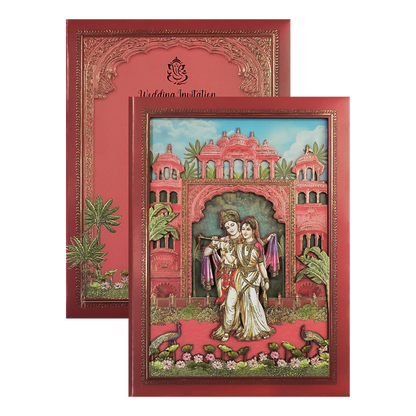 Peach Radha Krishna Palace Padded Wedding Card-KSI64020