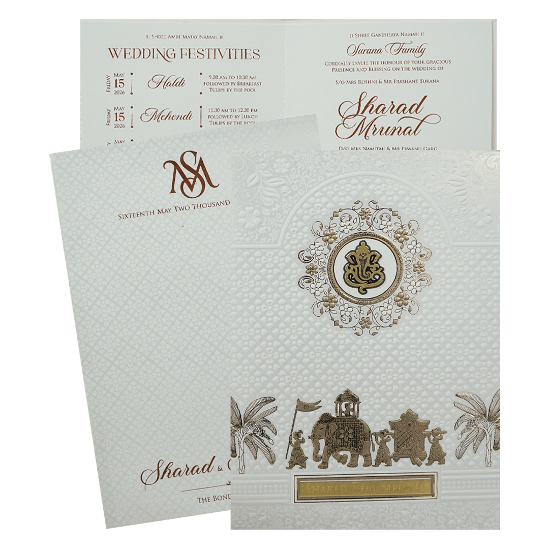 White Ganesha Procession Wedding card-KRE28640