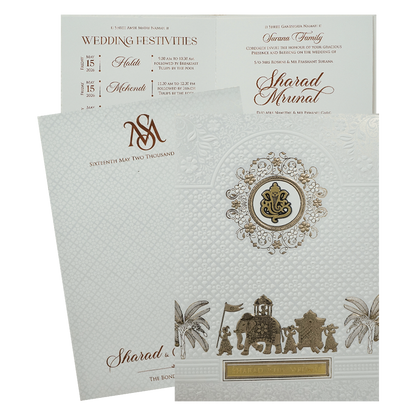 White Ganesha Procession Wedding card-KRE28640