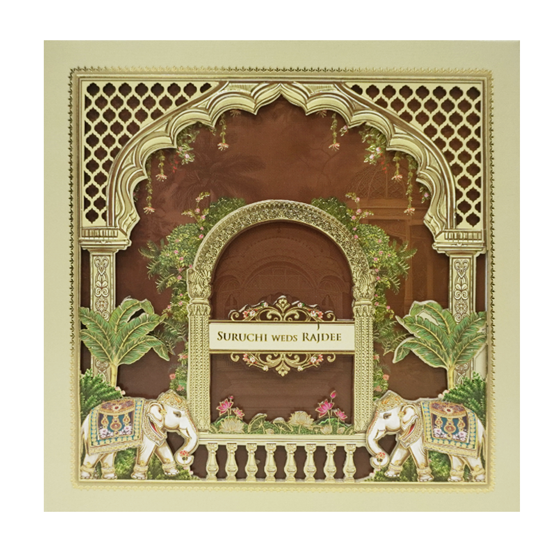 Cream Brown Laser Cut Padded Royal Elephant Arch Wedding Card - KMMEX8050
