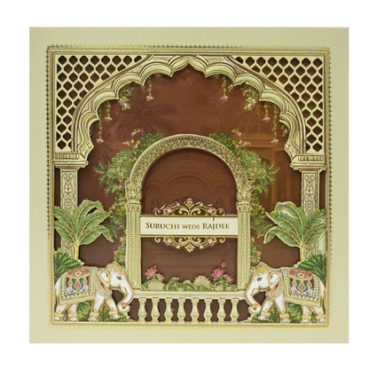 Cream Brown Laser Cut Padded Royal Elephant Arch Wedding Card - KMMEX8050