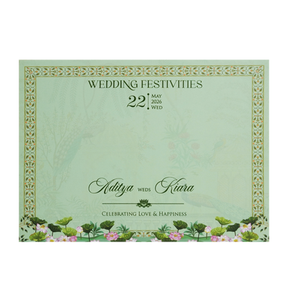 Emerald Green Fountain Peacock Wedding Card - KFR16270