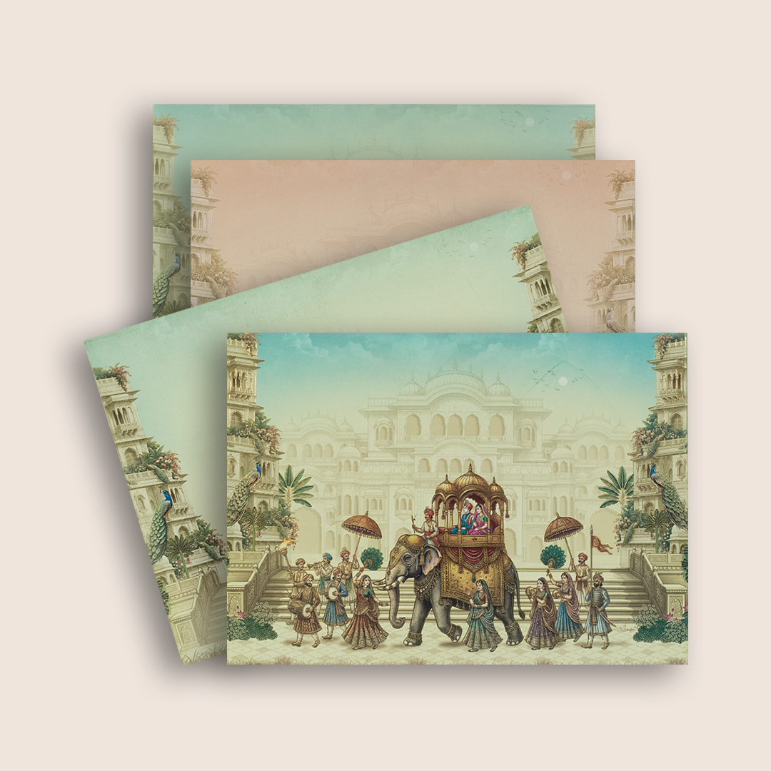 Cream Elephant Baraat Wedding Card - KAA05500