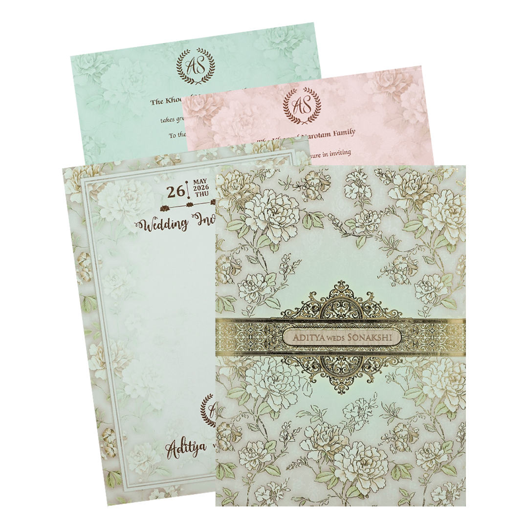 Green Floral Gold Frame Padded Wedding Card-KRE27240