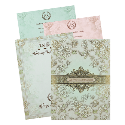 Green Floral Gold Frame Padded Wedding Card-KRE27240