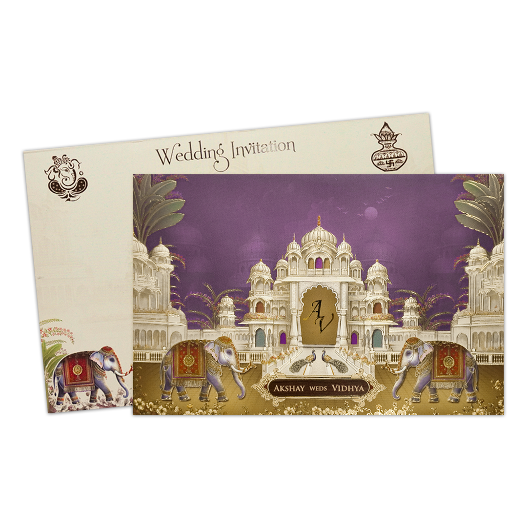 Purple Palace Elephant Padded Wedding Card-KSH72060