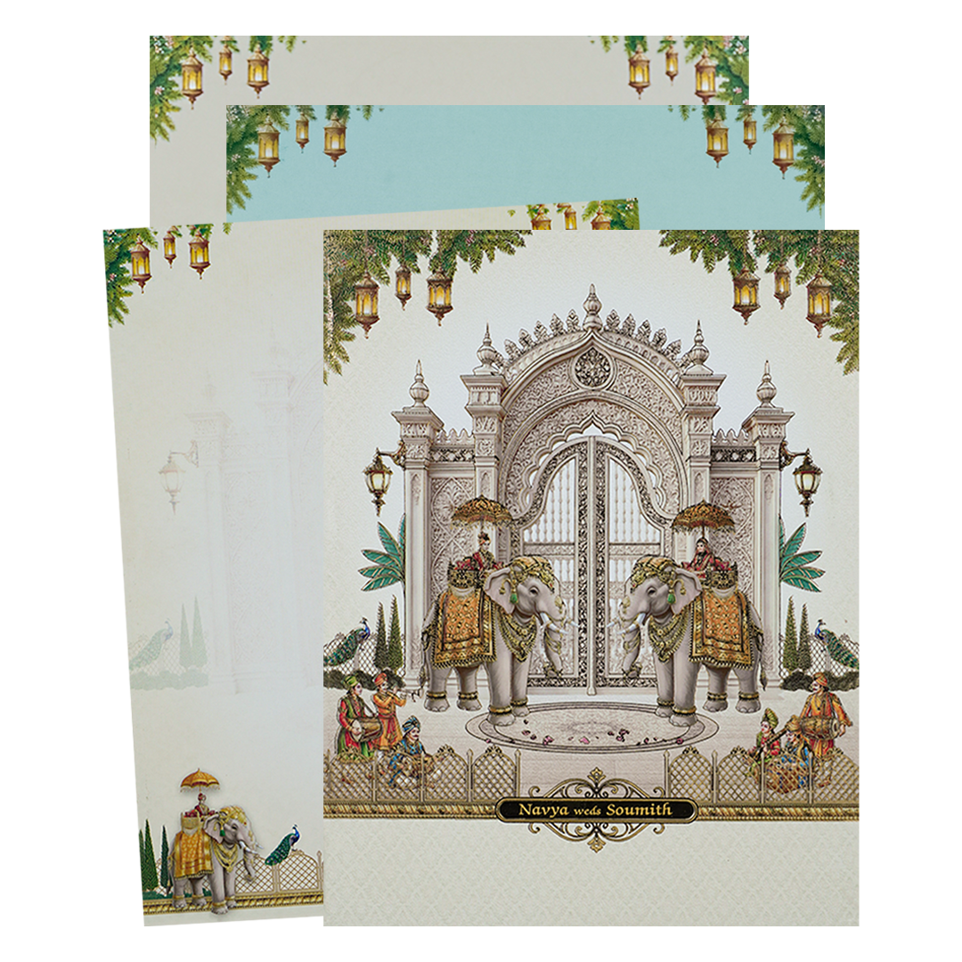 Cream Padded Palace Elephant Wedding Card-KNMO9315