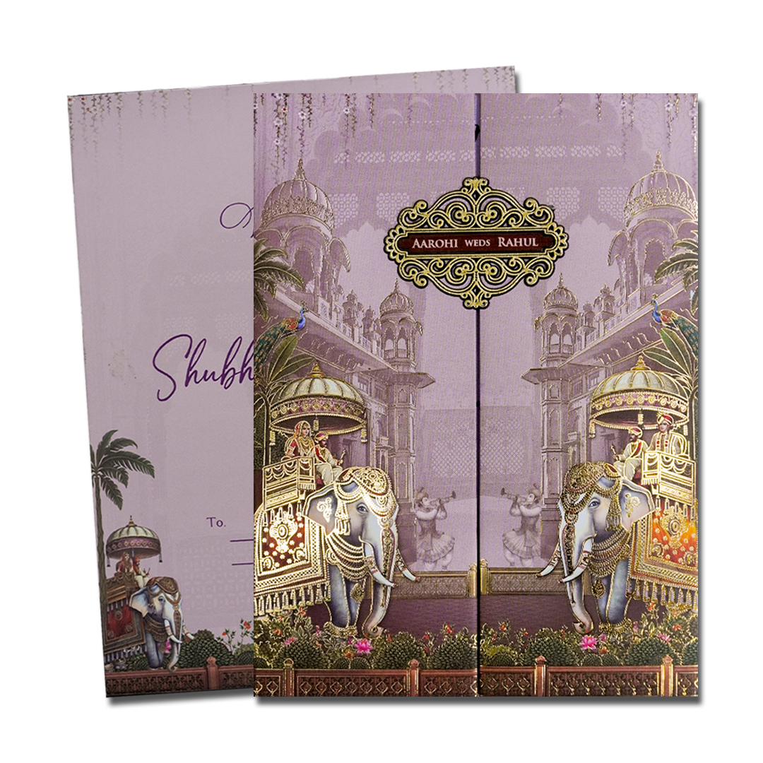 Lavender Palace Elephant Padded Wedding Card-KSH72560