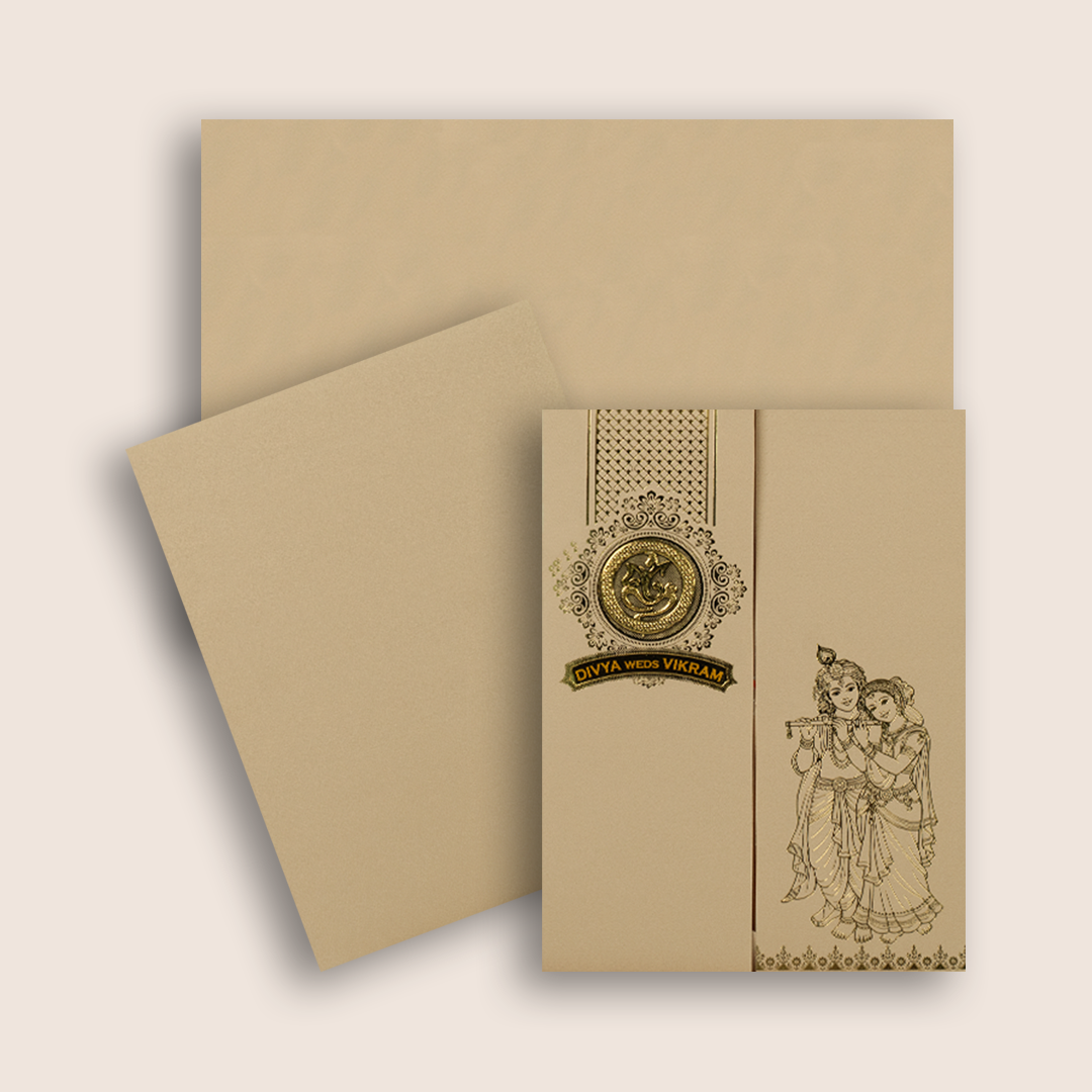 Pastel Pink Lord Radha Krishna Door Style Wedding Card - KNRR8709P