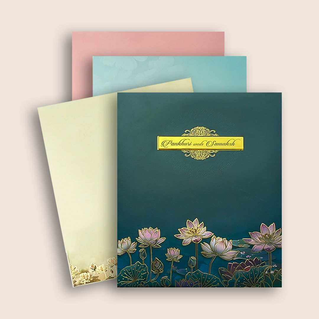 Blue Padded Lotus Wedding Card - KAK01350