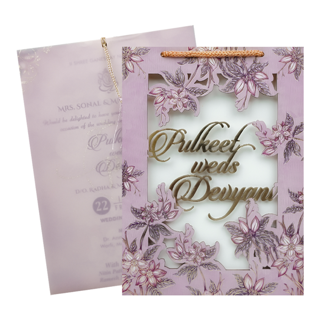 Check out Purple Cream Floral Laser Cut Wedding Bag Invitation at best price.WhatsApp Support|Express Delivery.|King of cards.