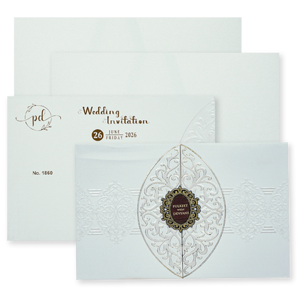 White Royal Motif Padded Wedding Card-KJTS1860
