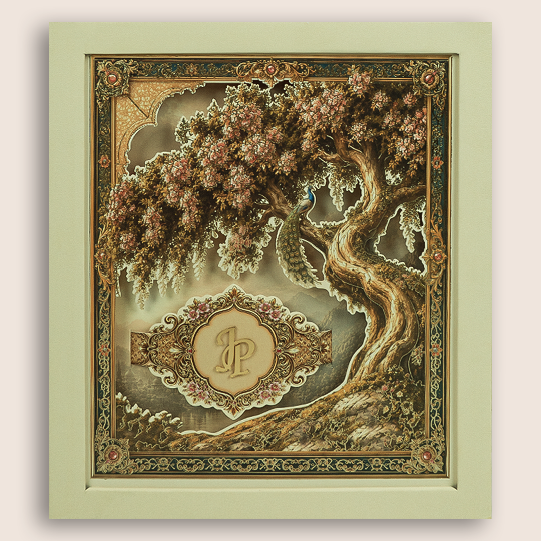 Beige Floral Laser Cut Padded Wedding Card - KPR026100