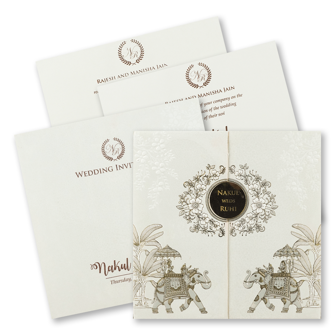 White Floral Elephant Padded Wedding Card-KRE28320