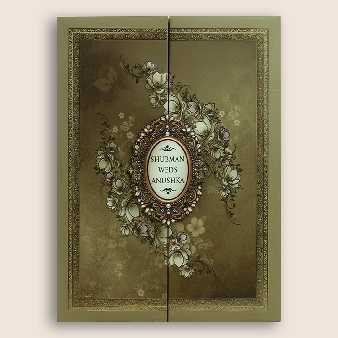 Olive Green Floral Padded Door Style Wedding Card - KRB10660
