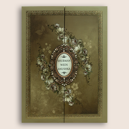 Olive Green Floral Padded Door Style Wedding Card - KRB10660