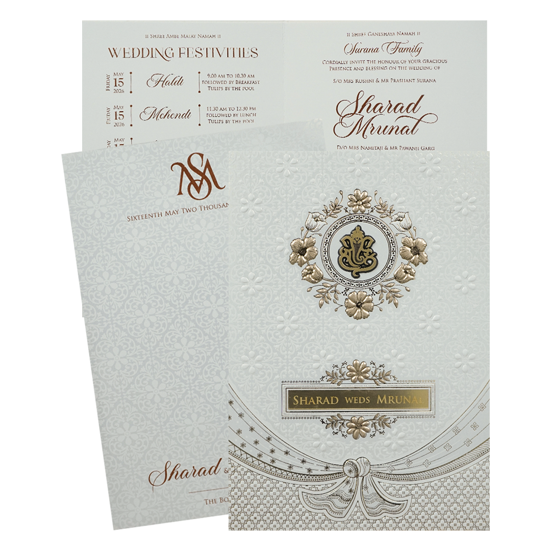 White Embossed Ganesha Wedding card-KRE28660
