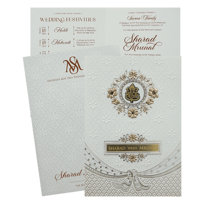 White Embossed Ganesha Wedding card-KRE28660