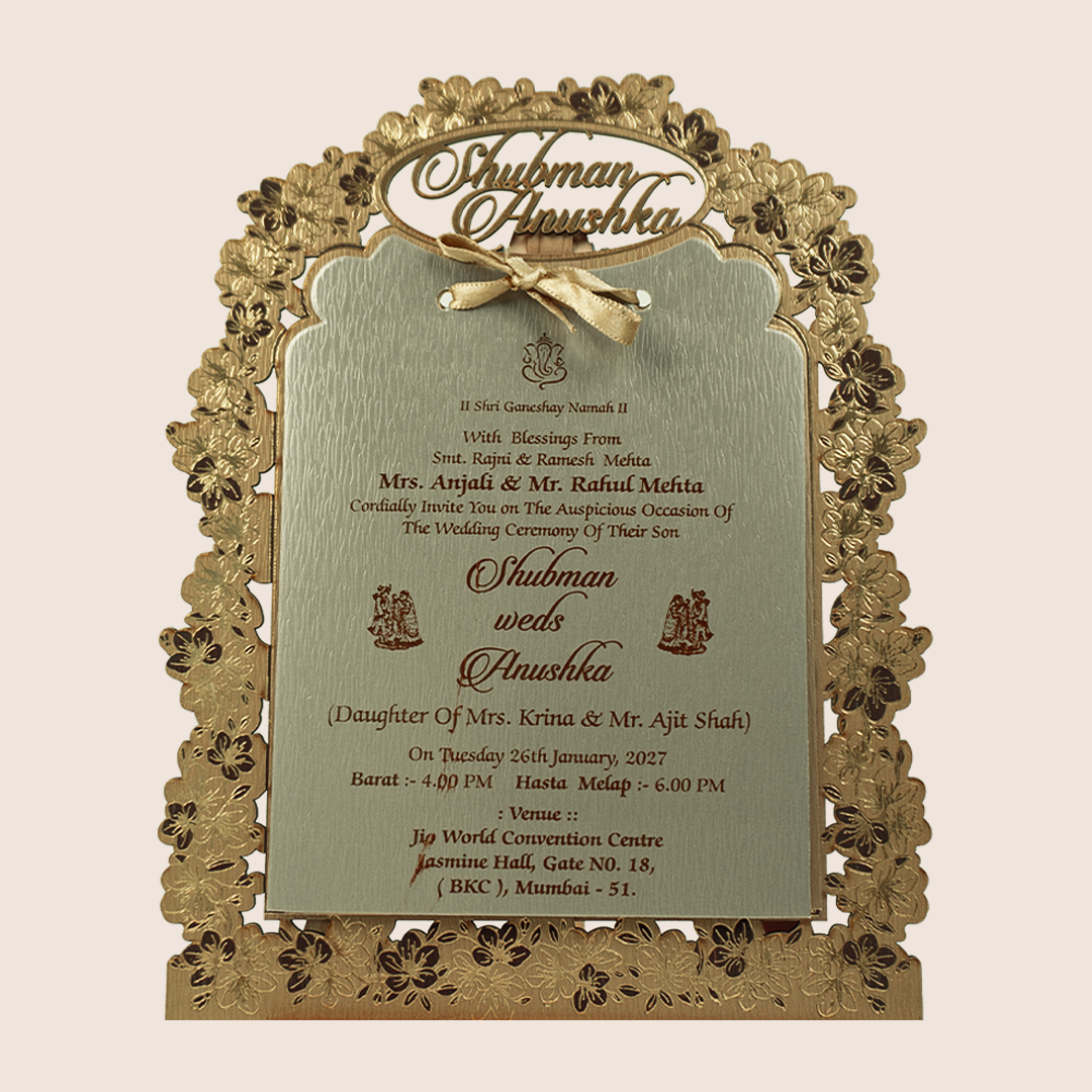 Gold Floral MDF Laser Cut Wedding Invitation Card - KRB09142