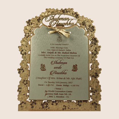 Gold Floral MDF Laser Cut Wedding Invitation Card - KRB09142