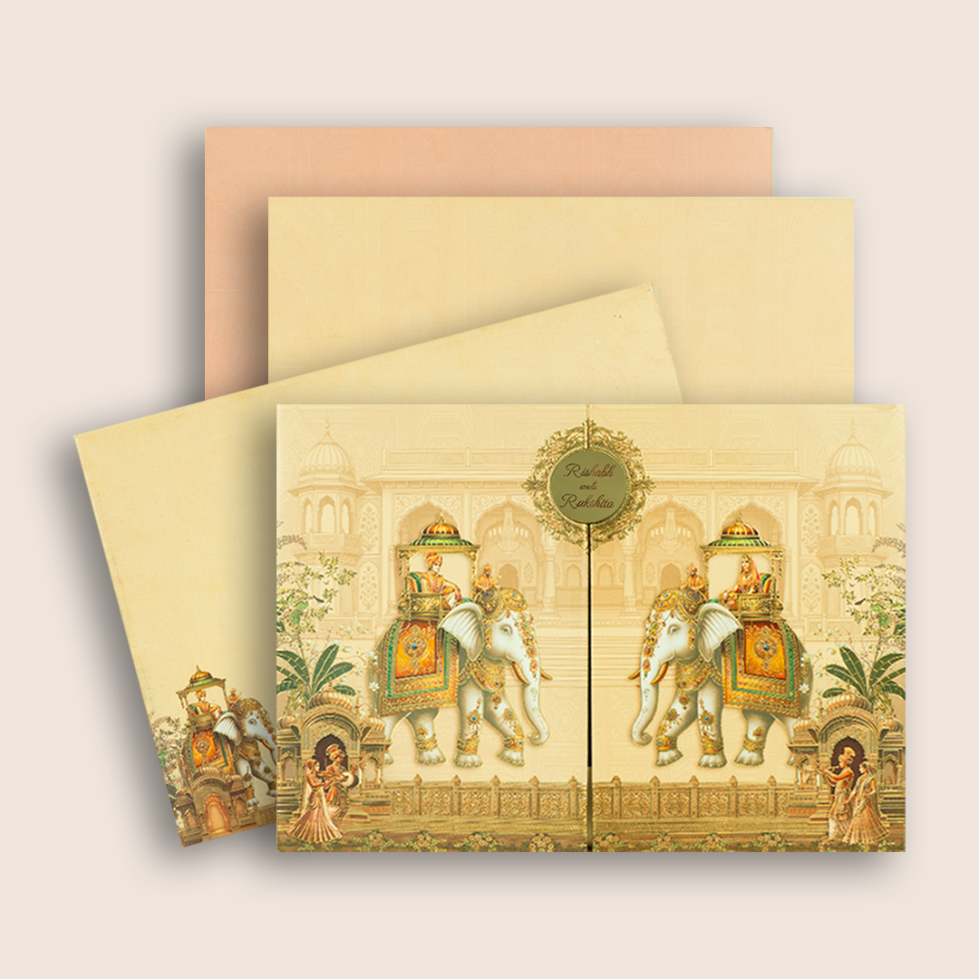 Cream Padded Elephant Door Style Wedding Card - KAA06060