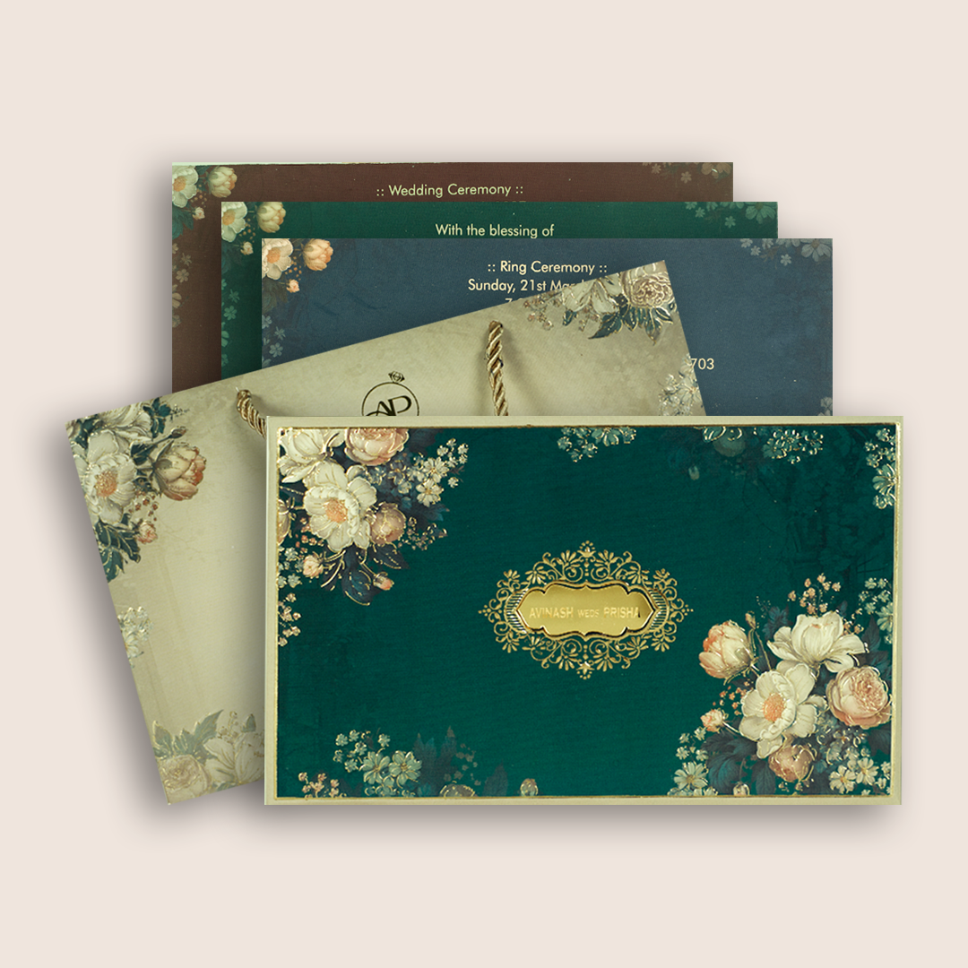 Green Embossed Floral Luxury Wedding Invitation Box - KSI32730