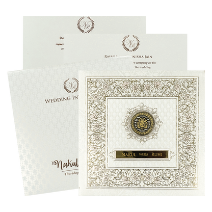 White Pastel Floral Border Padded Wedding card-KRE28300