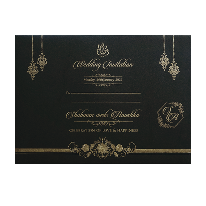 Luxurious Black Padded Gold Foil Embossed Wedding Invitation Card-KRB09682