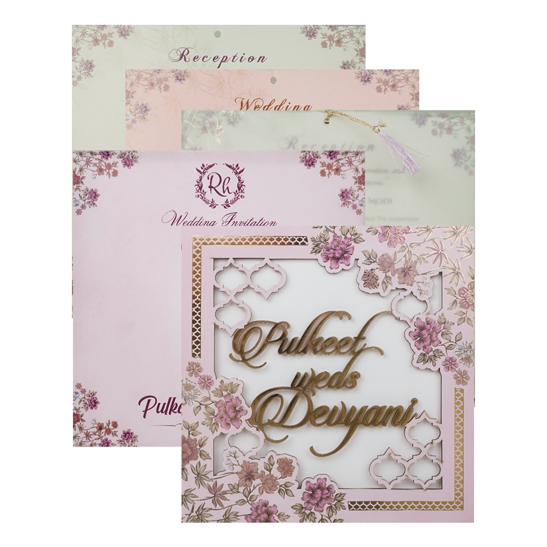 Check out Pink Floral Cutout Wedding Card at best price. ✅WhatsApp Support ✅Express Delivery.|King of cards.