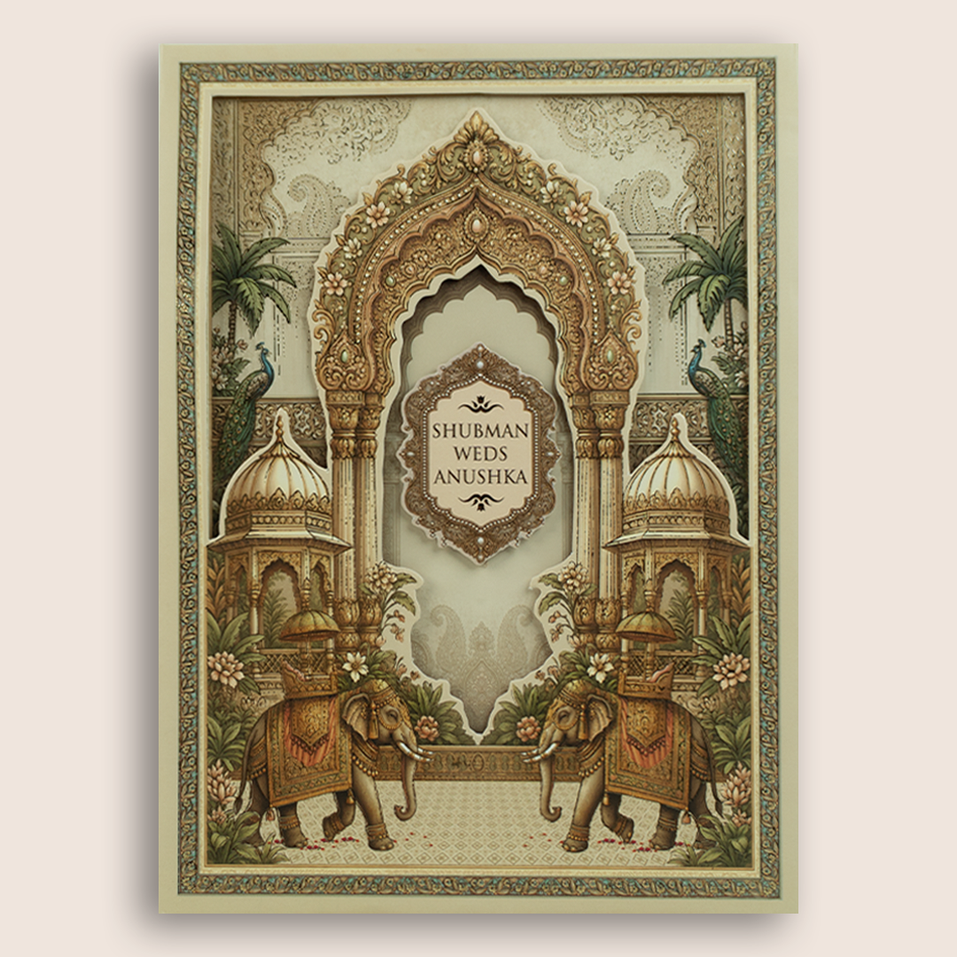 Beige Laser Cut Royal Elephant Floral Padded Marriage Card - KRB10910