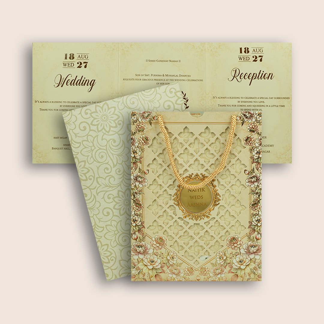 Beige Floral Laser Cut Bag Style Invitation Card - KPR07180