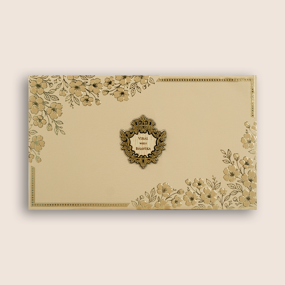 Cream Embossed Floral Padded Wedding Invitations - KMARA571