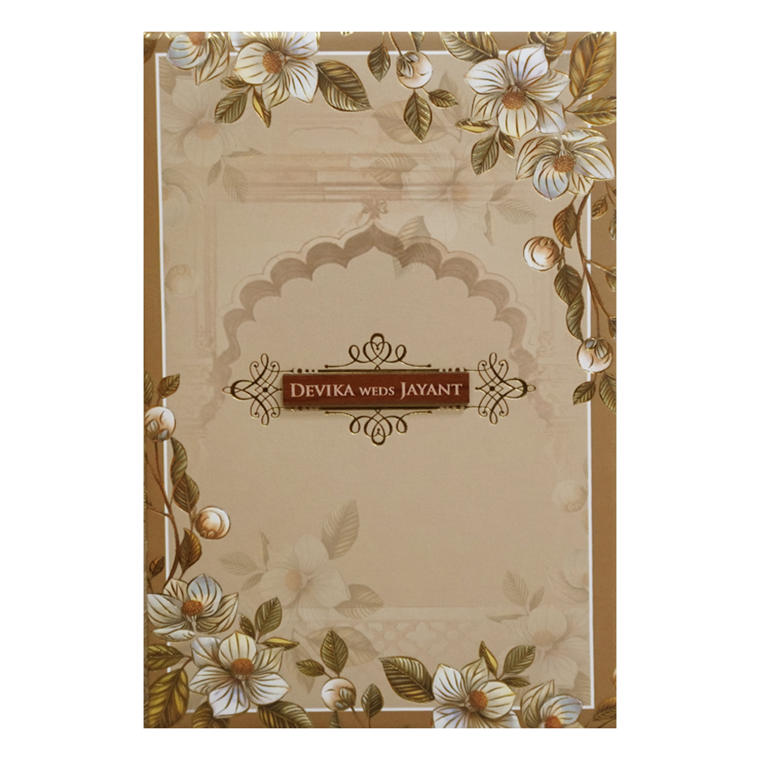 Brownish Cream Padded Floral Arch Wedding Card- KVN07390