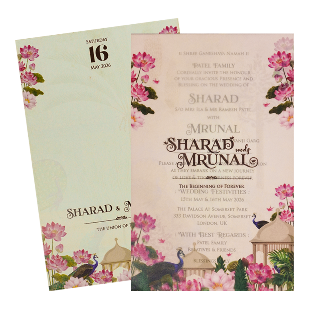 Pink Lotus Peacock Wedding Card-KSH71010