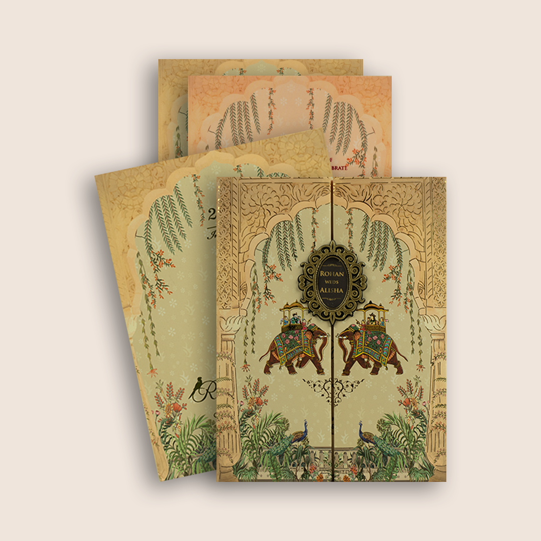 Beige Royal Elephant Padded Door Style Wedding Card - KFR16450