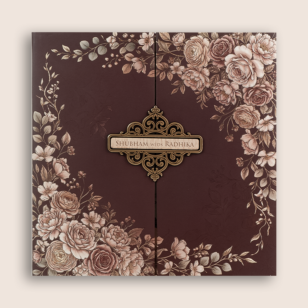Brown Floral Padded Door Style Wedding Invitation - KSH18700