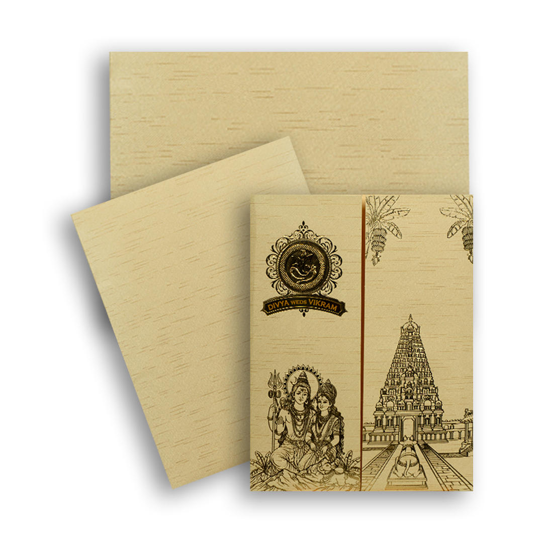 Beige Lord Shiva Parvathi Door Style Wedding Card - KNKR5036C