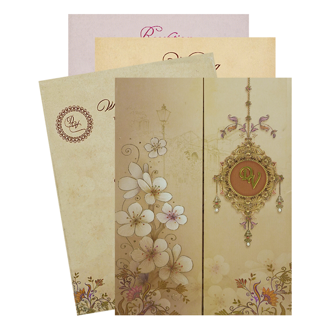 Cream Padded Door Style Floral Wedding Card-KNPO9509G
