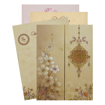 Cream Padded Door Style Floral Wedding Card-KNPO9509G