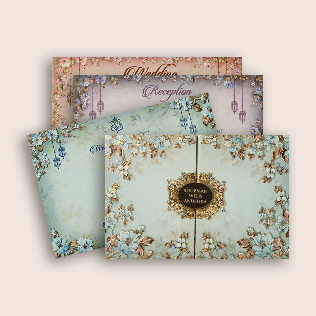 Blue Embossed Floral Door Style Padded Wedding Invitation - KRB8240