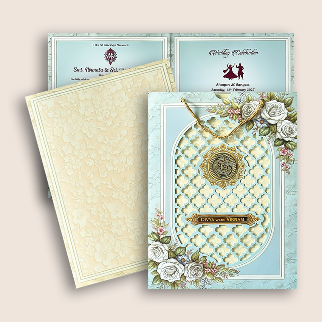 Pastel Blue Laser-Cut Floral Bag Style Wedding Card - KNAS3105