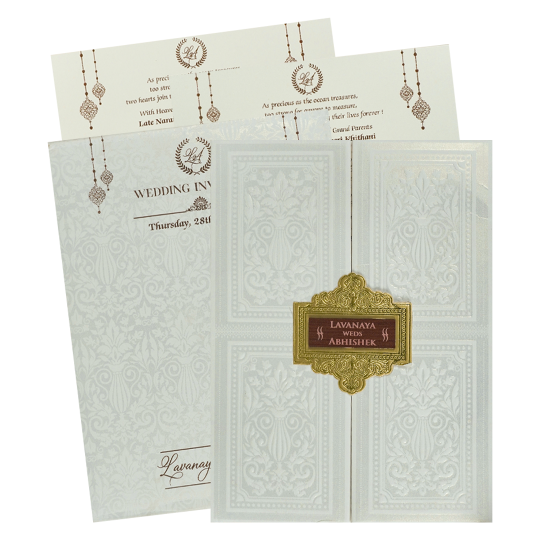White Padded Embossed Padded Wedding Card-KRE25490