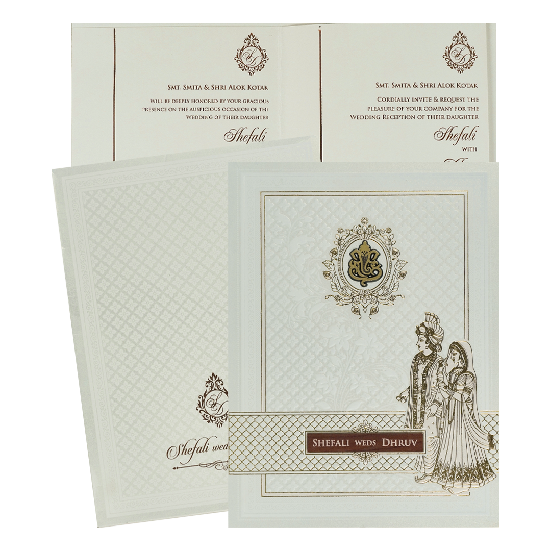 White Embossed Ganesha Wedding card-KRE28400