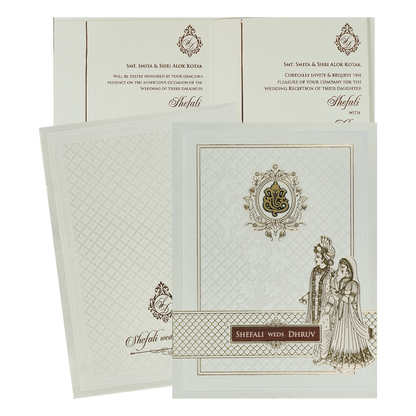 White Embossed Ganesha Wedding card-KRE28400